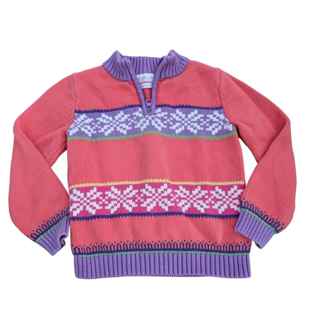 Hanna Andersson Kids‎ Pink Nordic Fair Isle Snowflake Cotton Quarter Zip Sweater